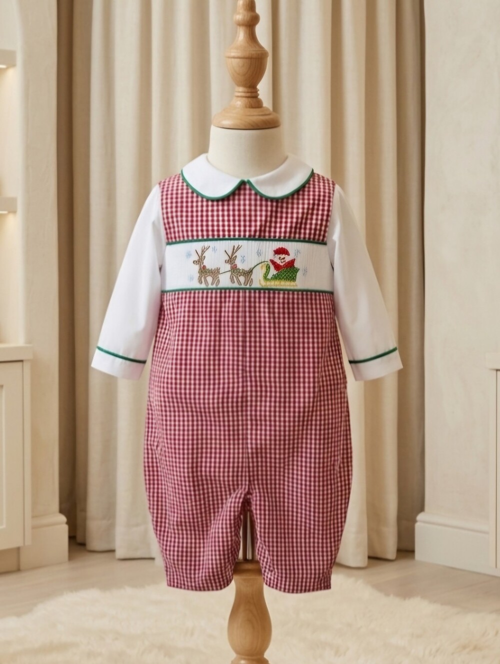 Petit Ami Smocked Santa Sleigh Gingham Jon Jon NWT Size 6M